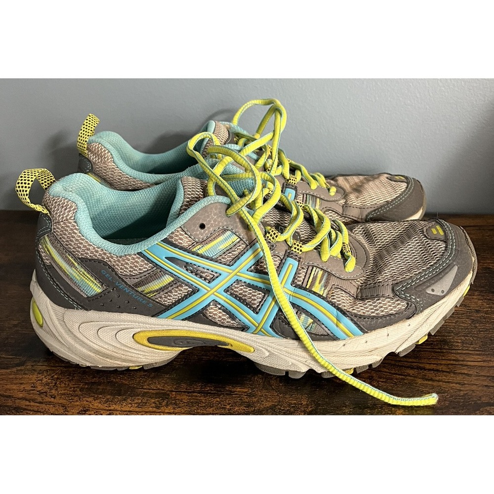 Asics Gel-Venture 5 Sneakers Silver Aqua Blue Lime Size 8 Running Shoes